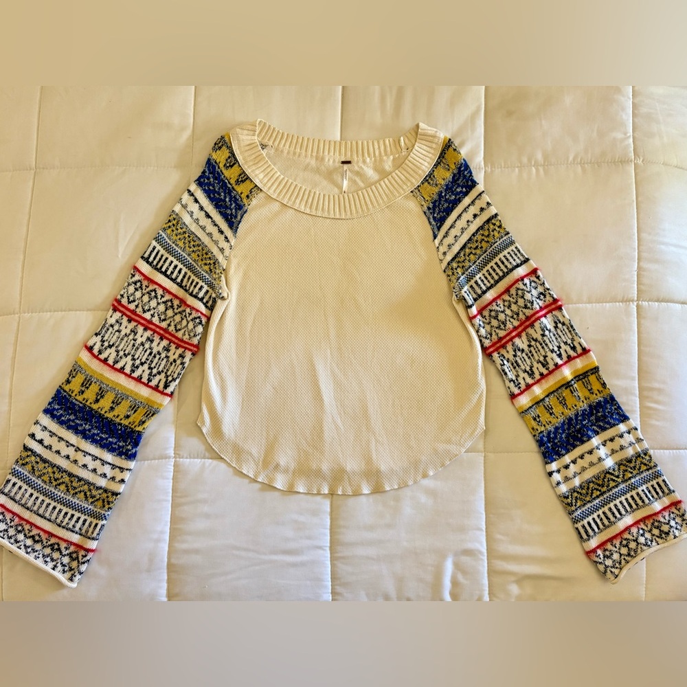 Free People Sweater Fairground Thermal Womens Large Cream Multicolor Knit Boho - Picture 2 of 8